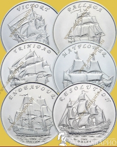Набор 6 монет Парусники, 1 доллар 2014, острова Гилберта